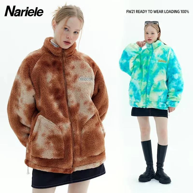 

Standing collar couples outfit autumn winter thickened cotton-padded jacket tie-dyed lamb wool minority coat women