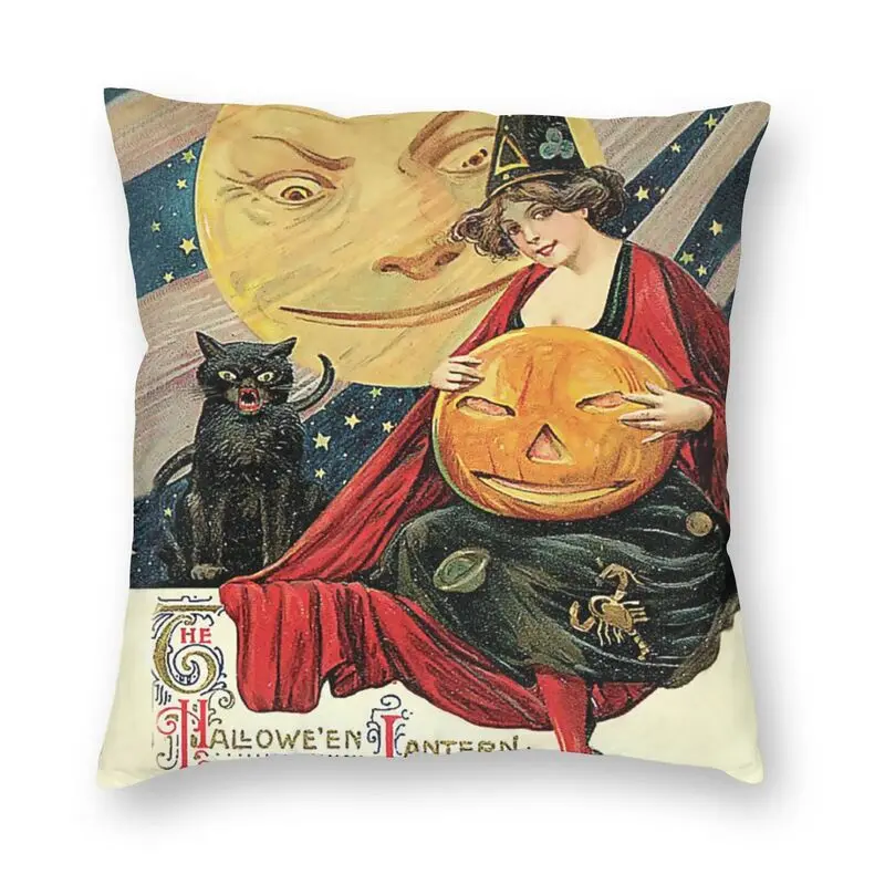 

Witch With Halloween Lantern Throw Pillow Case for Living Room Pumpkin Trick Or Treating Modern Cushion Cover Velvet Pillowcase
