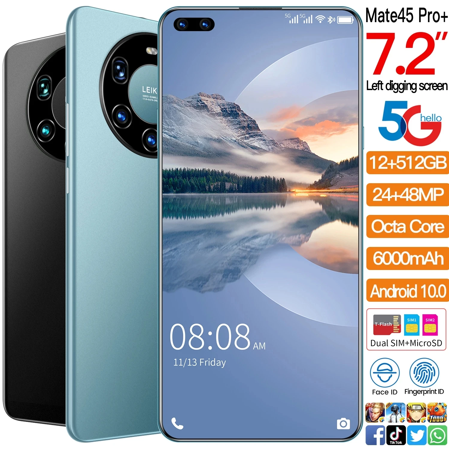 

Mate45 Pro+ 7.2 Inch Global Version Smartphone Full Screen Octa Core 6000mAh 12GB 512GB 4G LTE 5G Network Mobile Phone