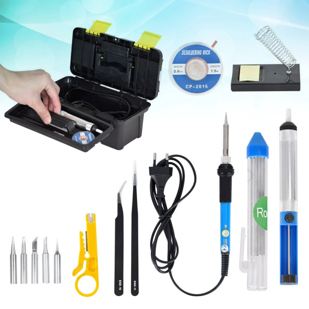 

14pcs Internal Heating Type 60W Adjustable Temperature Electric Soldering Iron Welding Kit Desoldering Pump DIY Wire Stripper