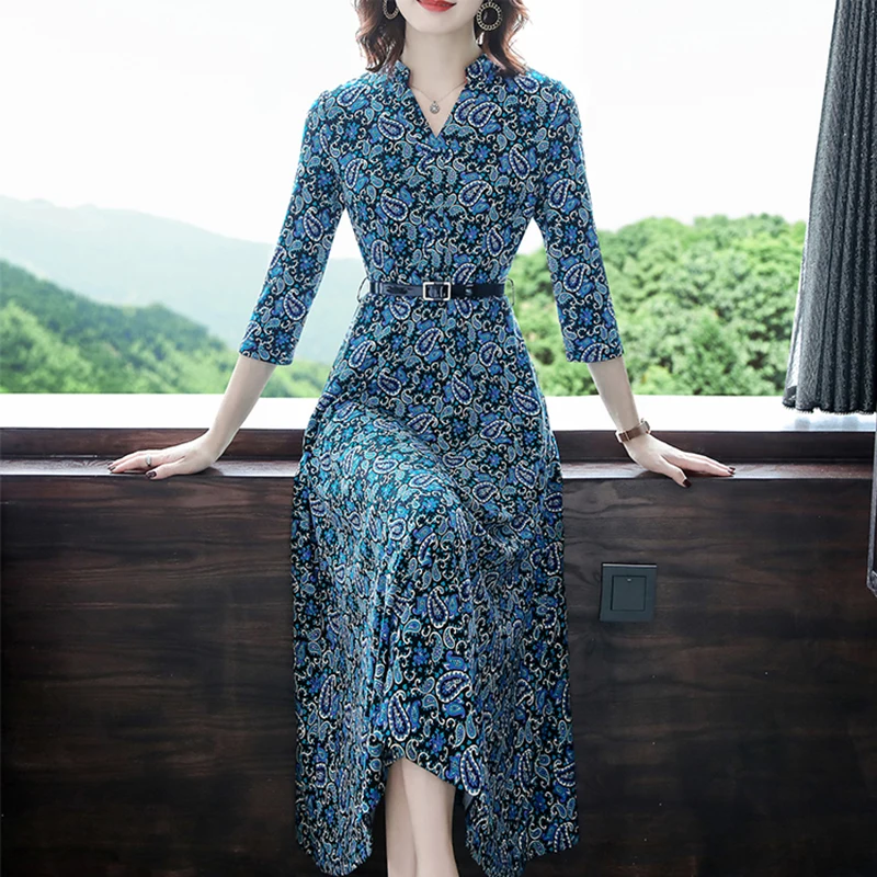 

Women Dresses New Spring Fall V-neck Vintage Print Dress Slim Plus Size 5XL Mid-long Dress Elegant Ladies Office Dress Vestidos