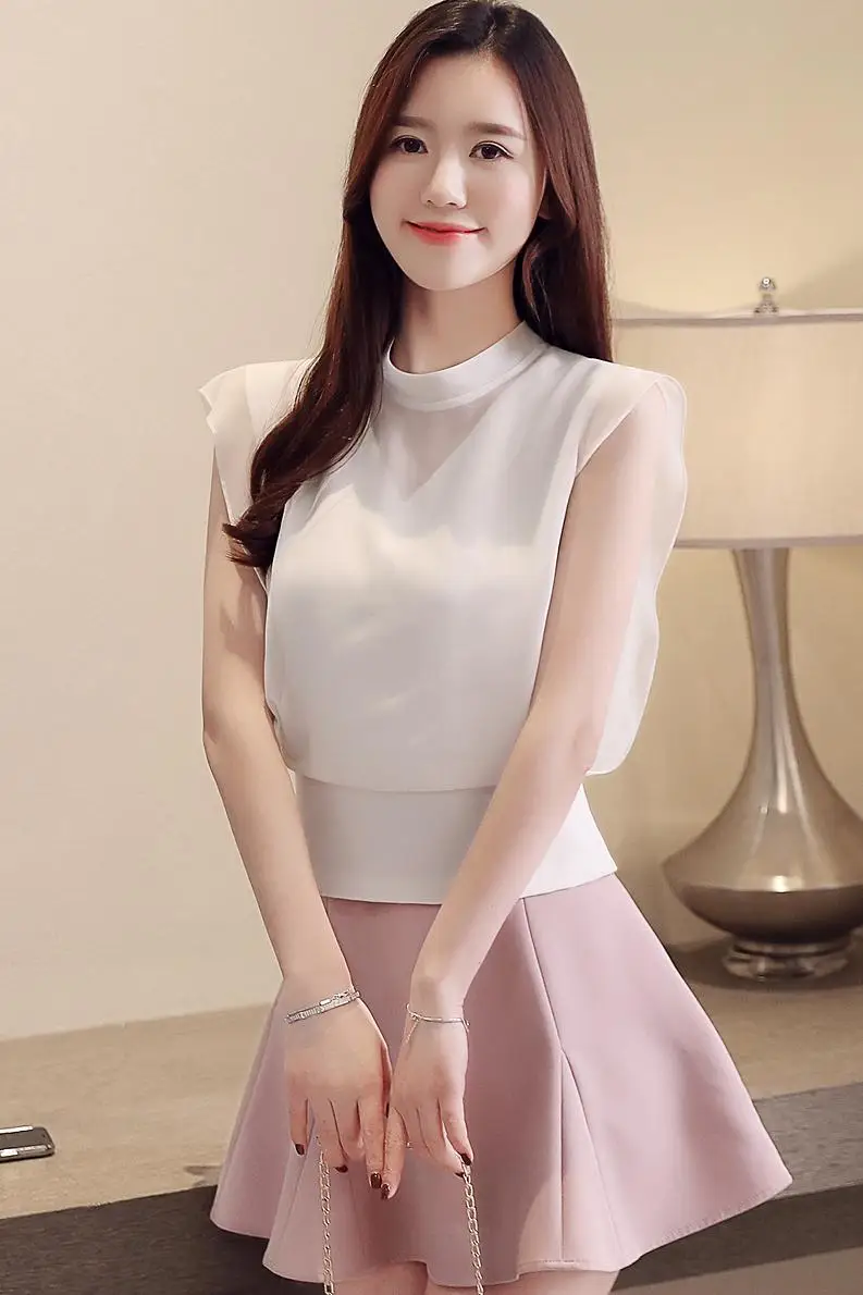

COIGARSAM Chiffon blouse women Summer Stand Neck blusas womens tops and blouses White Black 9295