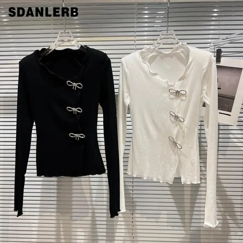 

All-matching Long Sleeve T-shirt 2021 Autumn Winter Tops New Bow Pin Pleated Collar Slim Solid Color Bottoming Shirt for Women