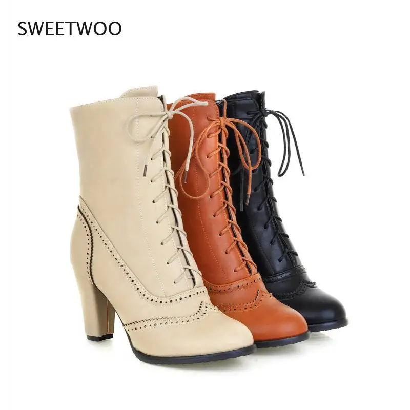 

Women Boots Sexy Lace-up Boots Ladies Classic Pointed Leather Lace-Up High-Heeled Boots Middle Tube Boots Square Heel Shoes