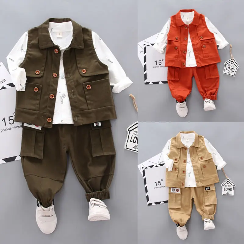Стиль сафари, детская одежда для маленьких мальчиков осенняя одежда рубашки с длинными рукавами жилет брюки-карго Детские хлопковые комплекты из 3 предметов для мальчиков 1-6Y