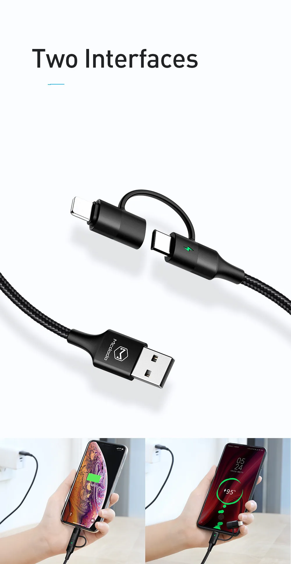 MCDODO 2 в 1 кабель USB type-C для iPhone XS MAX XR X 8 7 6 6S Plus Кабель быстрой зарядки type C для samsung S10 Xiaomi шнур для телефона
