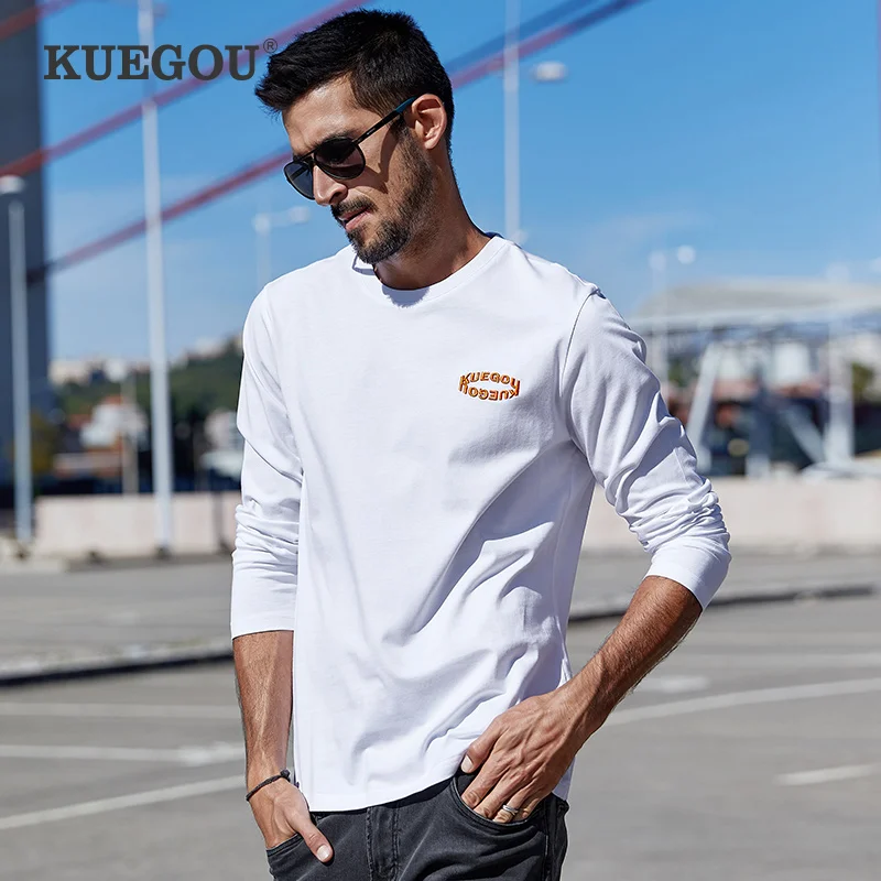

KUEGOU 2022 Spring 100% Cotton Embroidery Letter White T Shirt Men Tshirt Long Sleeve Tee Shirt For Male Plus Size T-shirt 88048