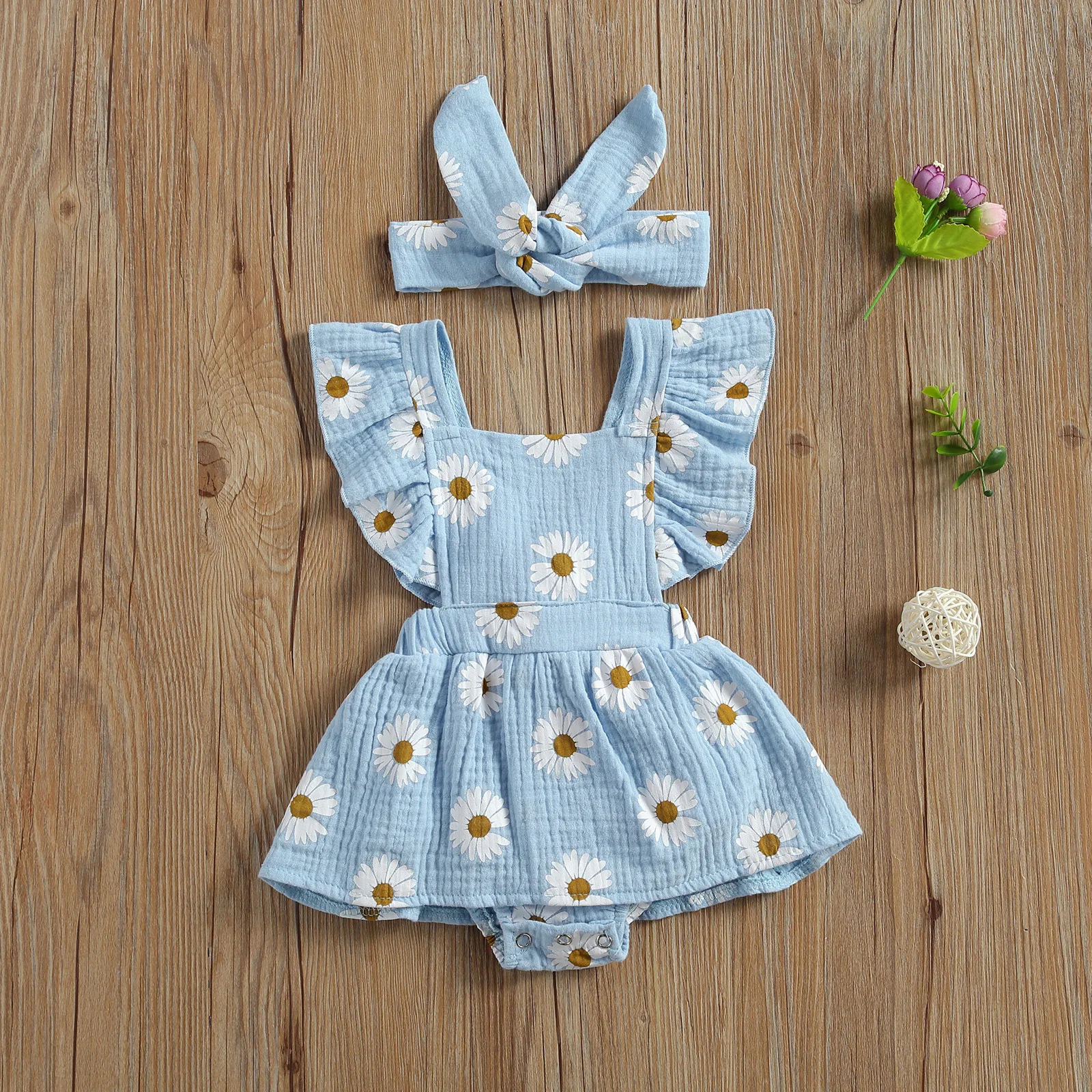 

2021 Fashion Baby Summer Clothing Newborn Baby Girls Daisy Flower Bodysuits Skirts with Headband Clothes and Headdress Outfits