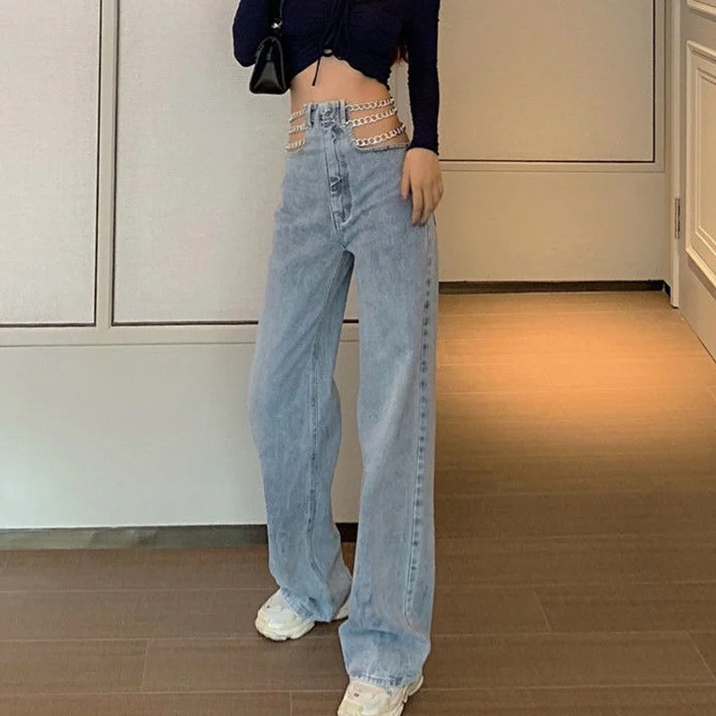 Women High Waist Korean Loose Casual Wide Leg Denim Pants 2023 Sexy Chain Fashion Trouser Boyfriend Jeans Female Streetwear Pant