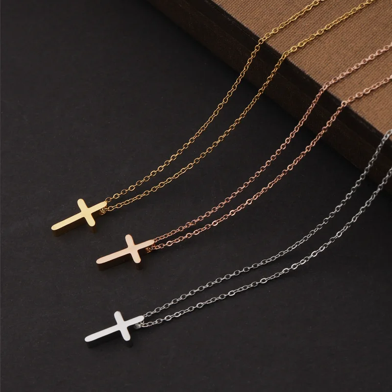 

Cute Fashion Trendy One Piece Men Women Couple Christian Shiny Polish Stainless Steel Jesus Plain Cross Collar Necklace Jewelry
