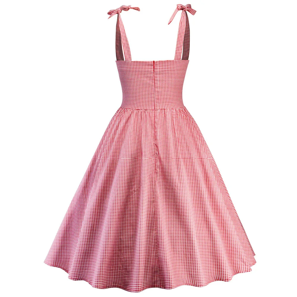 Женское винтажное платье ретро в клетку красное Хлопковое на тонких бретельках