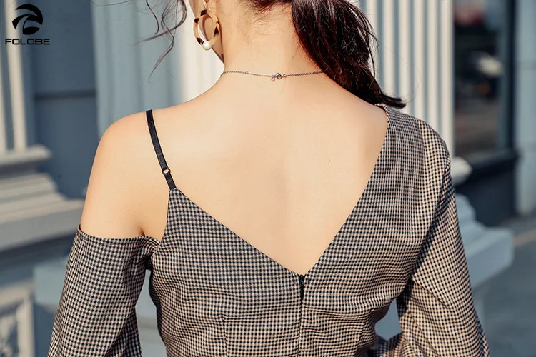 

FOLOBE 2020 Fashion Chic Plaid Dresses Women Long Sleeve Spaghetti Strap V-Neck Irregular Hem Office Lady Dress Casual OL Dress