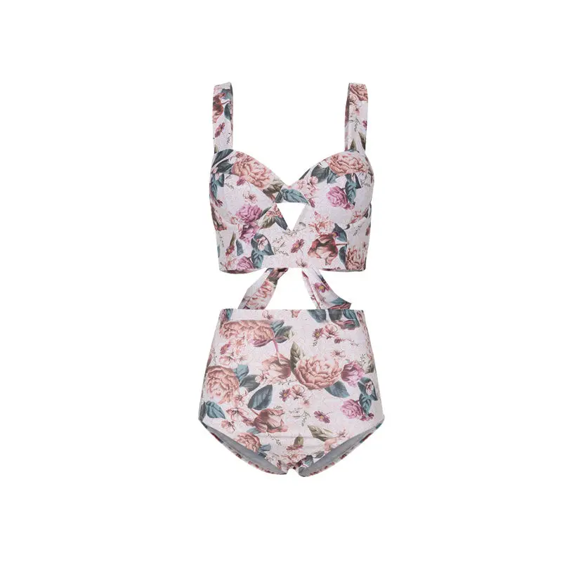 

Korean New Swimsuit Women 's Split Vintage Printed Steel Bracket Push up High Waist Sexy Covering Belly Thin Bikini