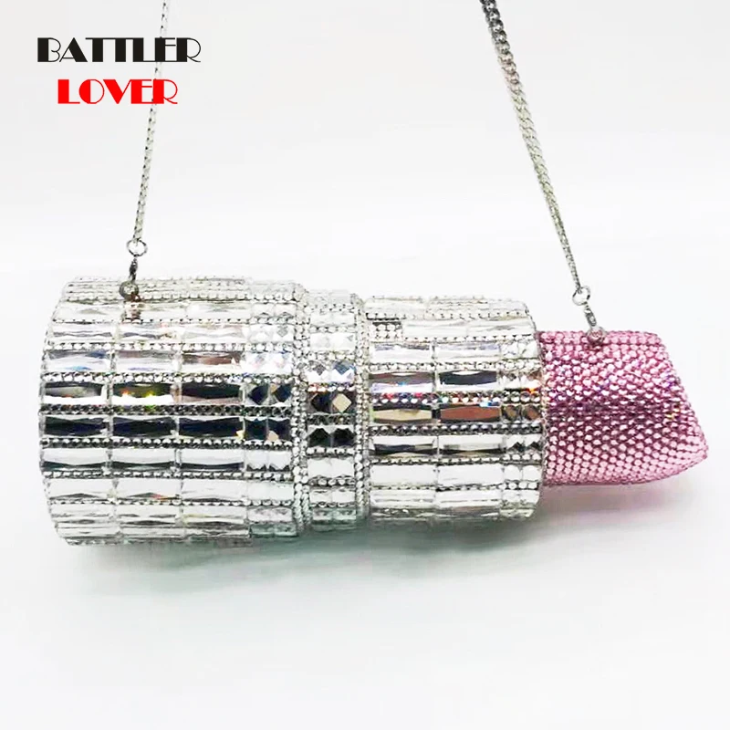

Women Newest Luxury Lipstick Design Diamond Purse Crystal Bags Banquet Evening Bags for Female Bridal Handbag Lady Day Clutches
