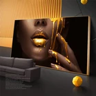 Картина маслом на холсте Черная Женская, с золотыми сексуальными губами, Настенная картина для современного дома, Настенный декор гостиной без рамки