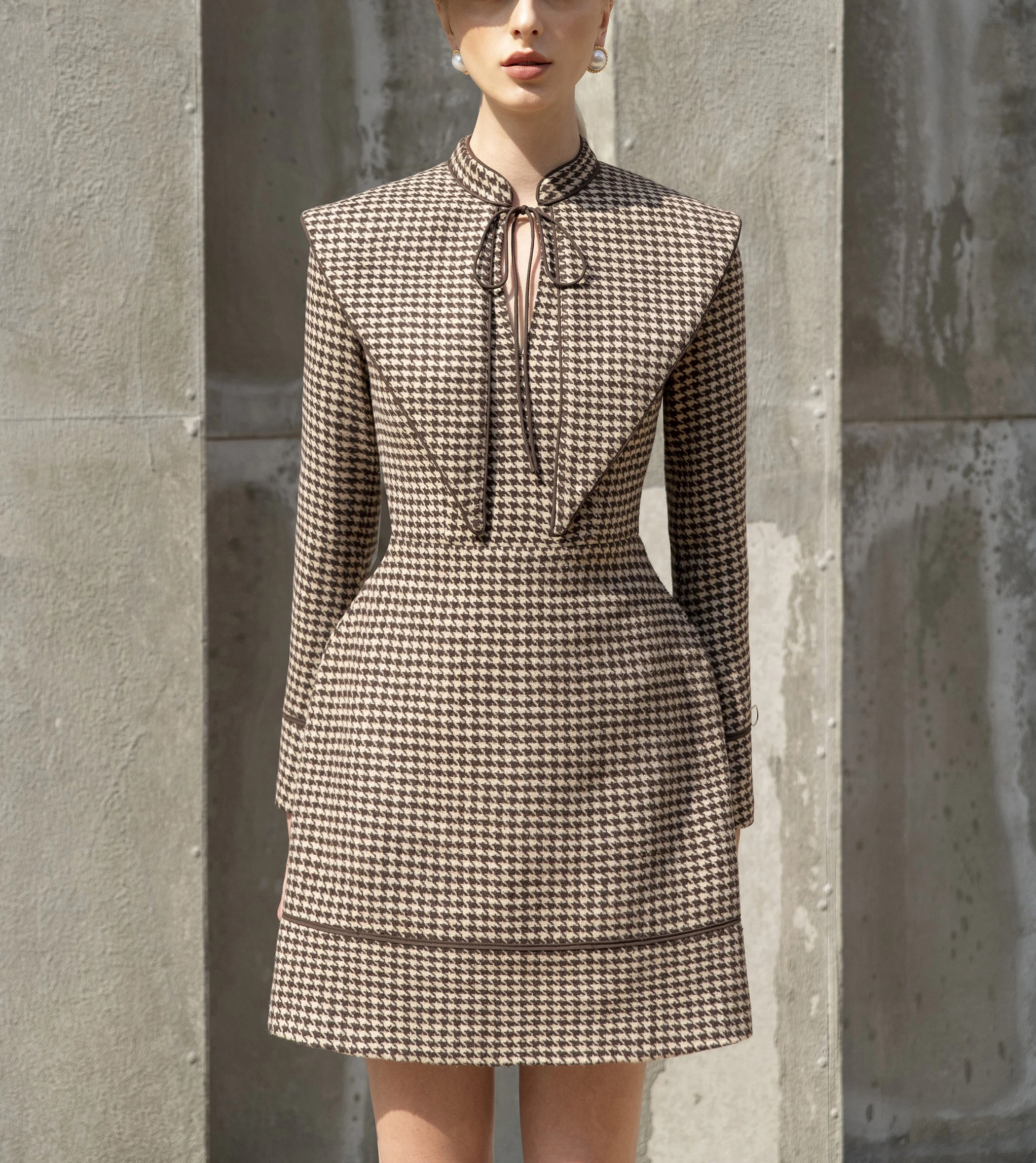 

Tailor Shop Retro Slim and Thin Dark Brown Houndstooth Winter Female Light Luxury Dress Semi-Formal Bridal Party Dresses