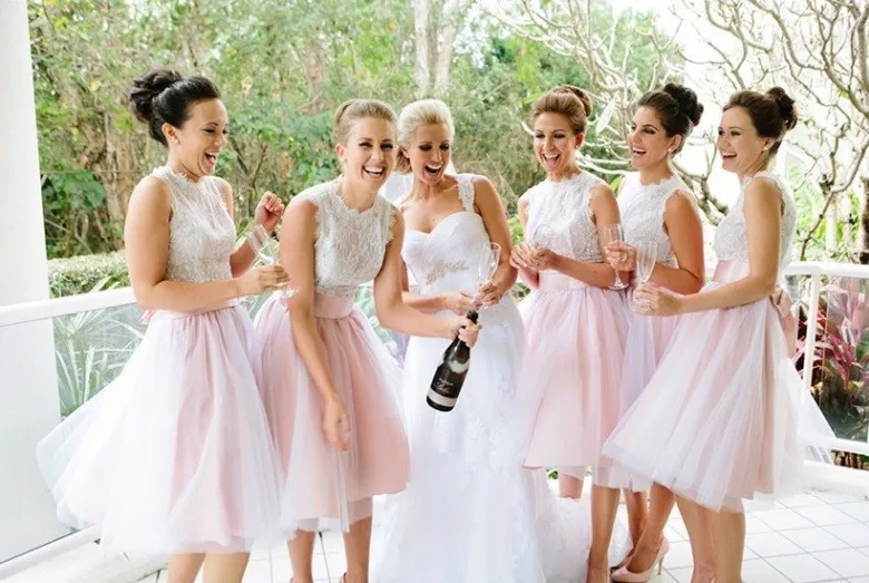 

Free shipping Lovely pink bridesmaid dresses 2015 white lace handmade A-line party prom dress knee-length vestidos para festa