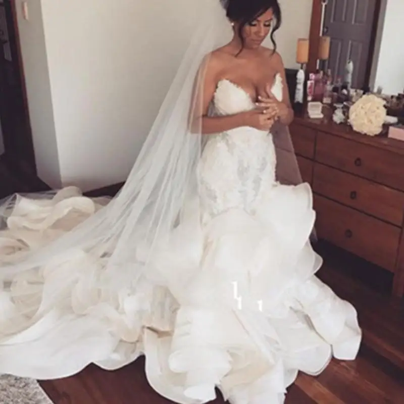 

Mermaid Wedding Dresses Sexy Style Custom Made Ruffles Sweetheart Bridal Gowns Formal Organza Vestidos Tiered Pearls Backless