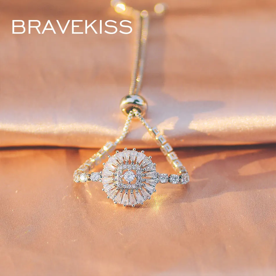 Bravekiss, регулируемые полые прозрачные браслеты с кубическим цирконием, подарок для женщин, модные теннисные белые цветочные ювелирные изделия с фианитами UB0201