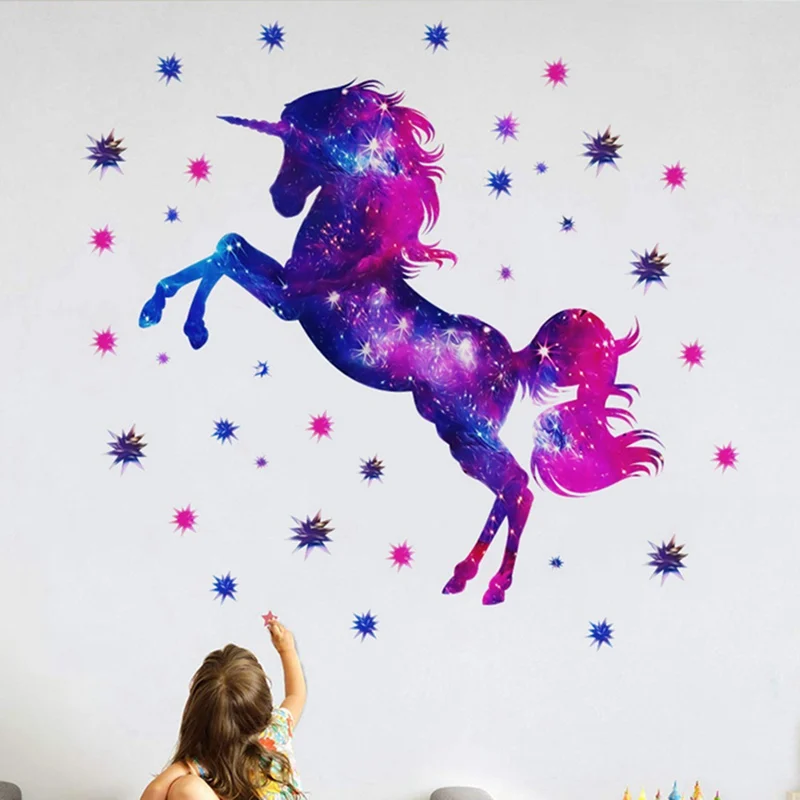 Наклейки на стены с мультяшным цветным единорогом для детской комнаты декор