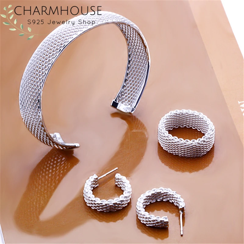 Charmhouse Серебро 925 комплекты украшений для женщин сетка круглый браслет кольцо