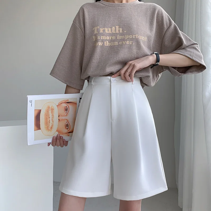 

Shorts For Womens Summer Knee Length Button Draped High Waist Solid Pure Wide Leg Office Lady Chic Casual Fashion Minimalist