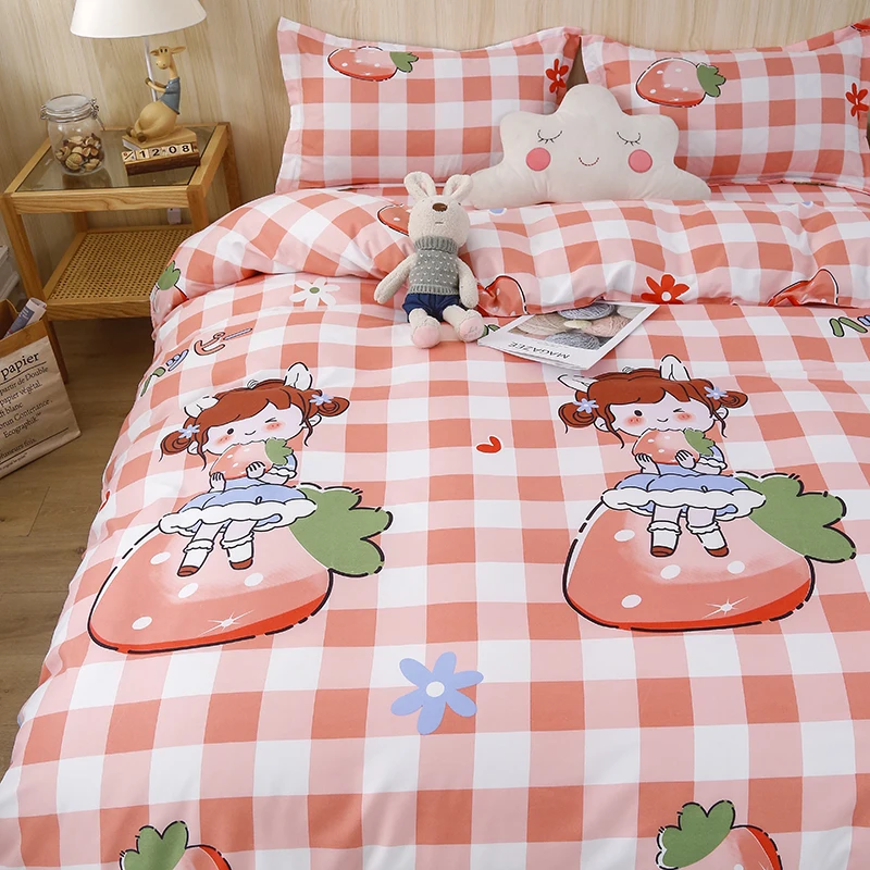 

Plaid Bedding Sets Strawberry girl Bedclothes King Queen Twin Duvet Cover Sets Bed Sheet Pillowcases Cartoon Quilt Cover Sets