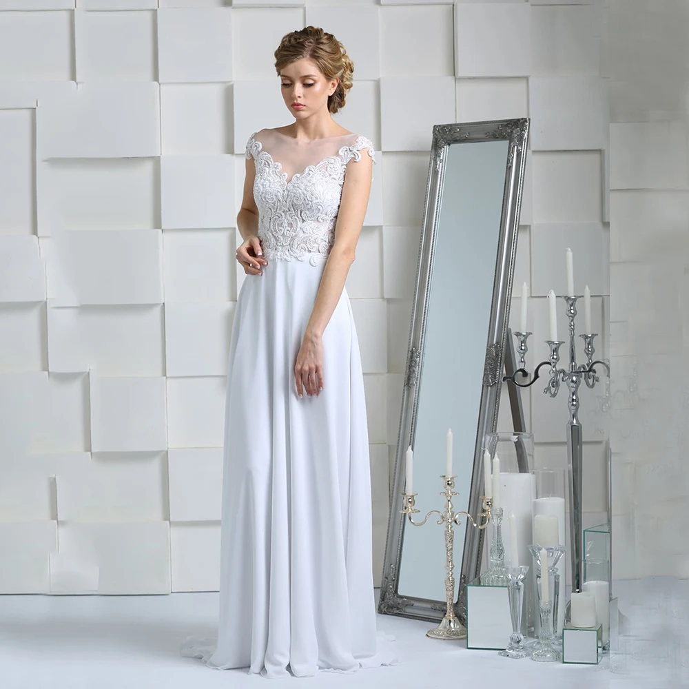 

Illusion Neck Simple Wedding Gown For Bride Button Back Cap Sleeve Beach Bohemian Chiffon Bridal Dresses Rustic Vestido De Novia