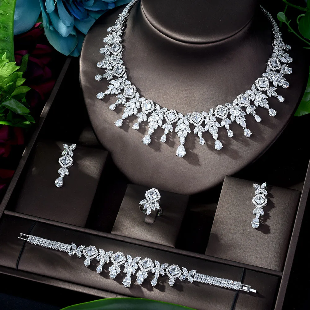 HIBRIDE Zircons High Quality White Gold Color Cubic Zirconia Bridal Wedding Necklace And Earring Sets Party Accessories N-1152