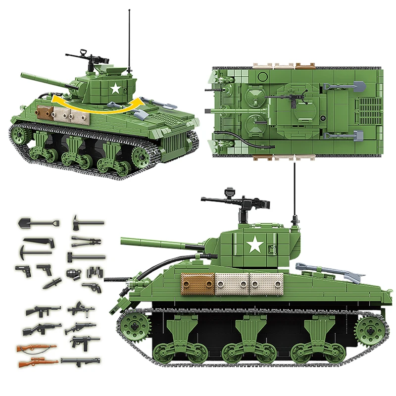 Конструктор Военный Sherman M4A1 танк 2 мировая война городская полиция солдат Кирпичи