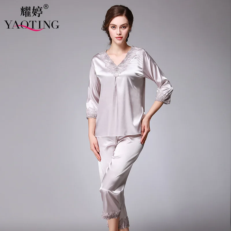 

New spring autumn Red stain silk lounge wear long top+paints elegmet Long-sleeved Sleepwear two pieces Suits wedding series