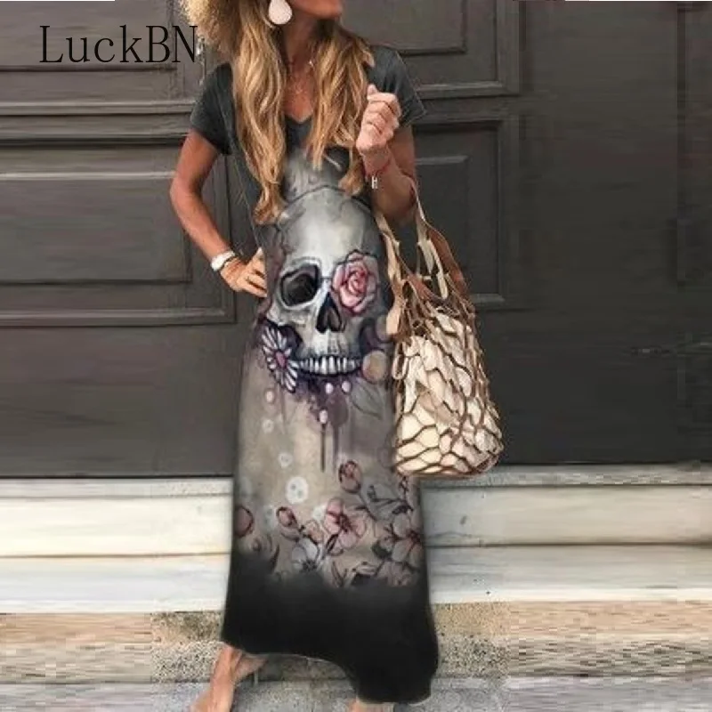 

Punk Style 2021 Summer Dress Women Short Sleeve Skull Print Female Dresses Streetwear Ankel-length Vestidos De Mujer Sundress