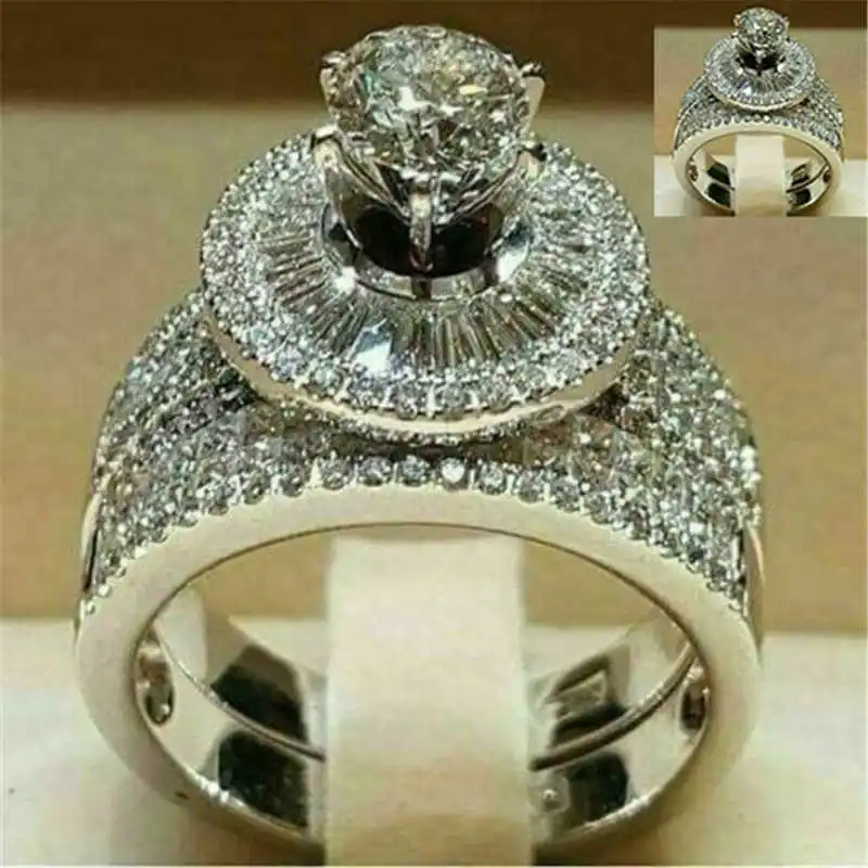 

Trendy Round Platform Eight Claw Zircon Huge Ring 2PCS for Wedding Engagement Ring Jewelry Sz 5-10