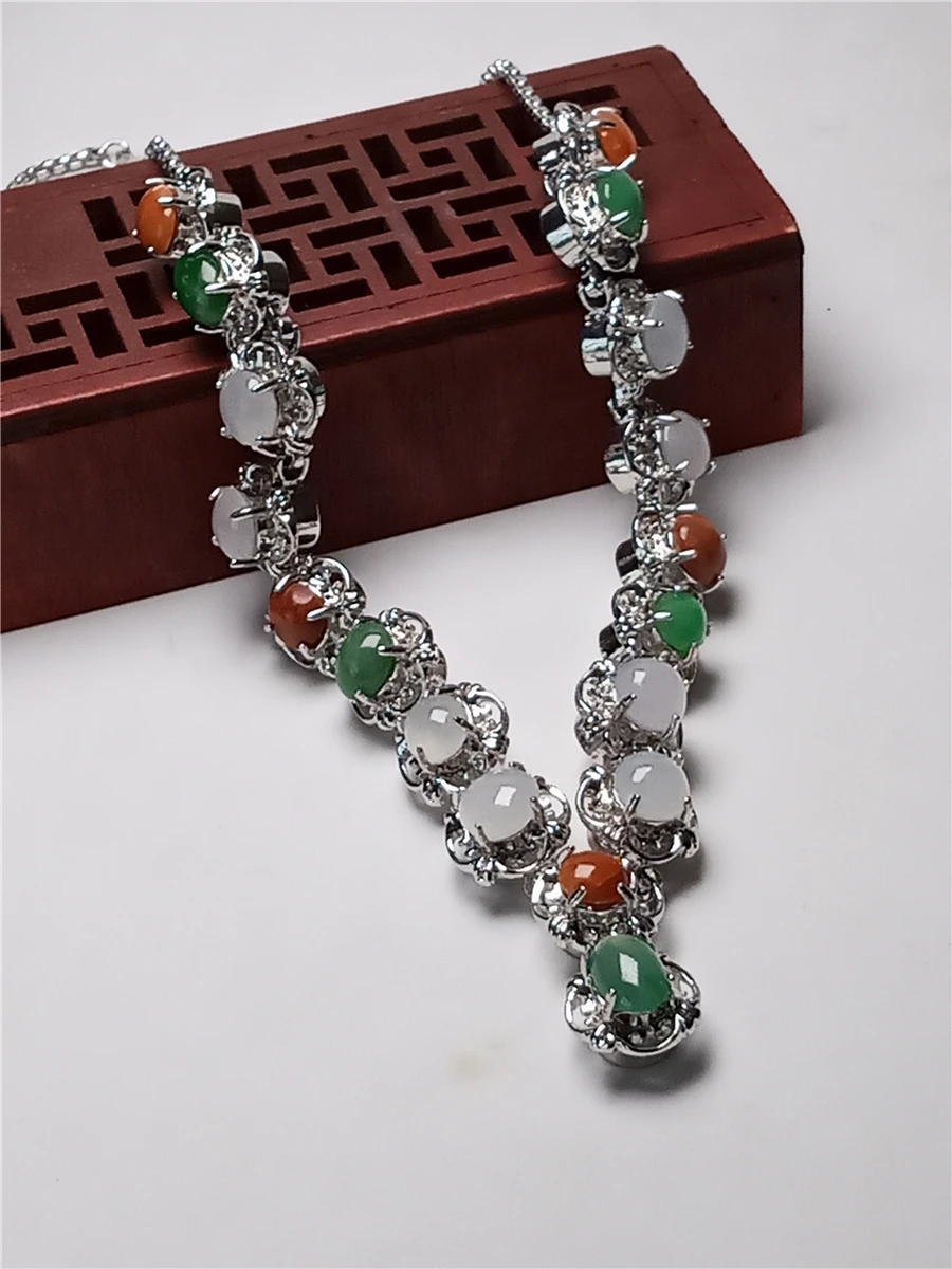 

LETSFUN Natural Myanmar A Jade Necklace JADE Jadeite Mosaic Three-color Luxury Gemstone Women Vintage Necklace