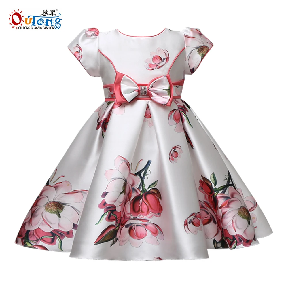 Outong Flower Girls Dress Kids Clothes Girls Waist Bow Decoration Flower Print Casual Clothing Summer Dresses For 5 9 Years Old