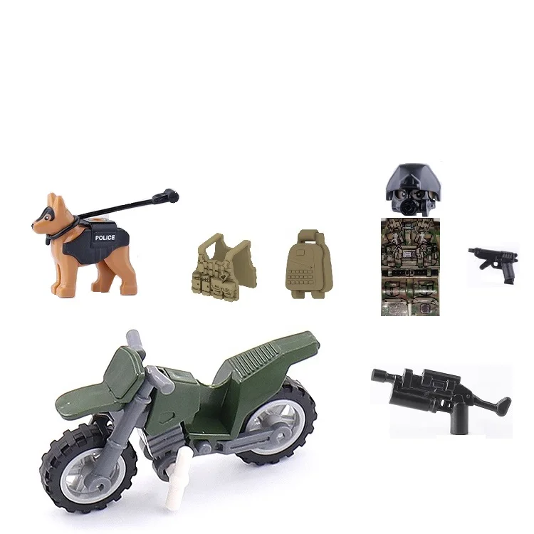 

Camouflage Soldier Motorcycle Tactical vest dog Military Swat Police Gun Weapons Brick City building block Figures Childrens Toy