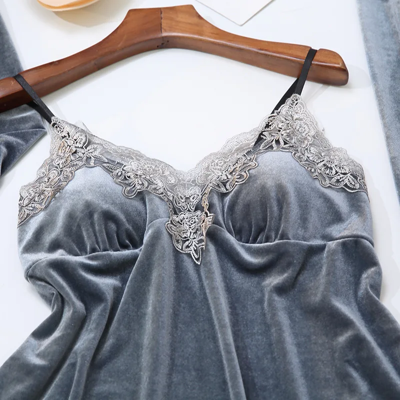

3PCS Pajamas Suit Autumn New Velour Nightwear Female Home Clothing Women Sleep Set Intimate Lingerie Lace Pyjamas Homewear