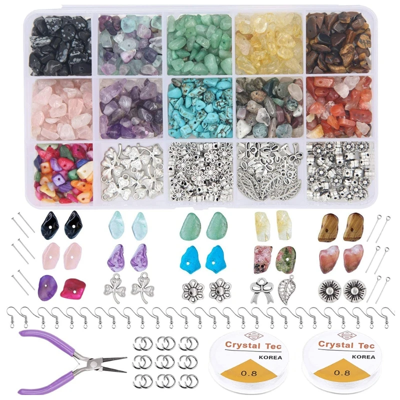 1 Set Natural Irregular Gemstones Beads Kit with Spacer Beads Jump Rings Ear Hooks Pliers for DIY Jewelry Making