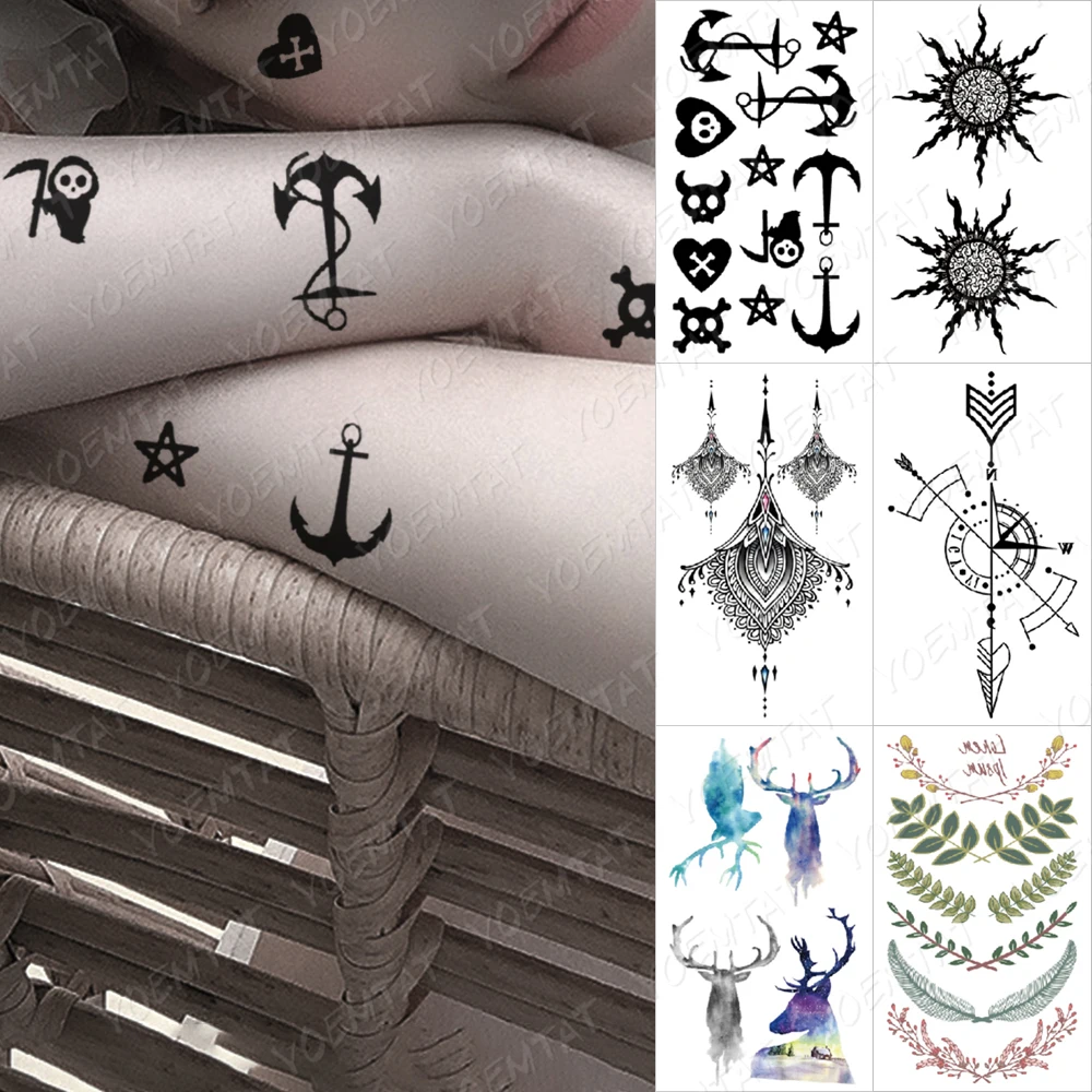 

Dark Waterproof Temporary Tattoo Sticker Anchor Cross Skull Henna Deer Clock Flash Tatoo Woman Child Kid Body Art Fake Tatto Man