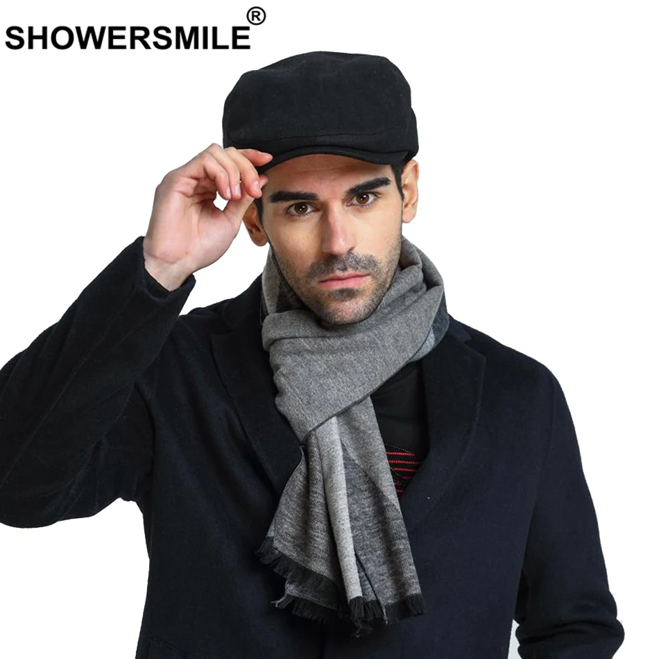 SHOWERSMILE Black Beret Linen Mens Flat Cap Spring Autumn Duckbill Hat Men Vintage Khaki Adjustable British Male Ivy Cabbie Cap