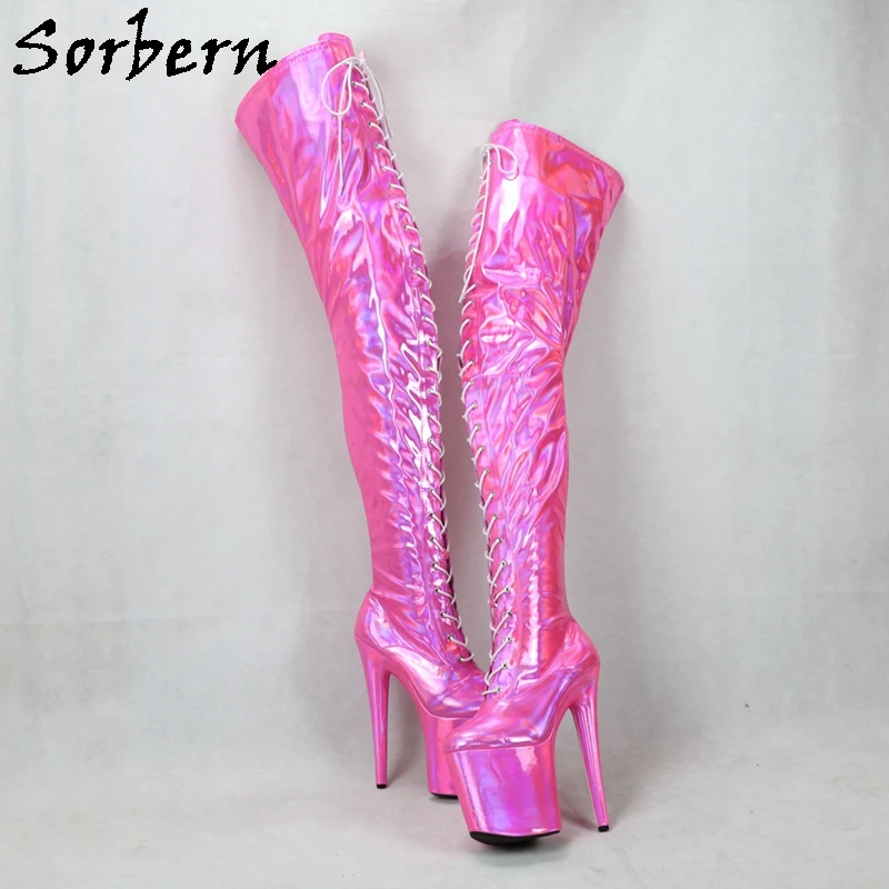 

Sorbern Holo Fuchsia Long Boots For Pole Dance Stripper Heel 20Cm Crotch Thigh High Boot Side Zipper Drag Queen Custom 15Cm 17Cm