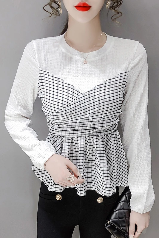 

Vintage Chic Fake Two T Shirt Women Long Sleeve Patchwork Knitted Tops Lady Plaid Tee Shirt Femme 2021 Korean