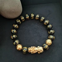mens hand bracelet spotify feng shui good luck natural real stone beads black obsidian pixiu bracelet women male golden jewelry