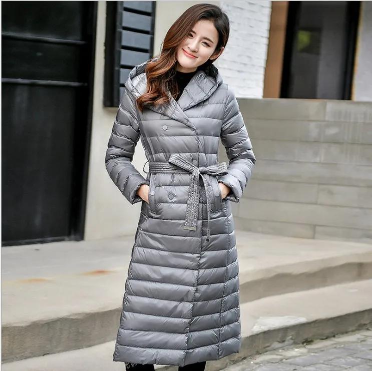 Down Trench Coat Winter White Duck Down Jacket Women Hooded Long Thick Warm Jackets Puffer Feather Female