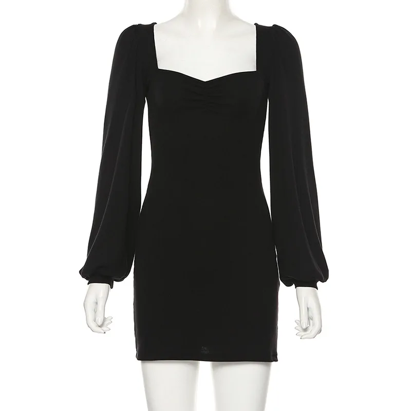 

Harajuku Pure Knitting Full Sleeve Low Cut Dress Women 2021 Office Lady Street Casual Black Red Simple Bodycon Mini Dress