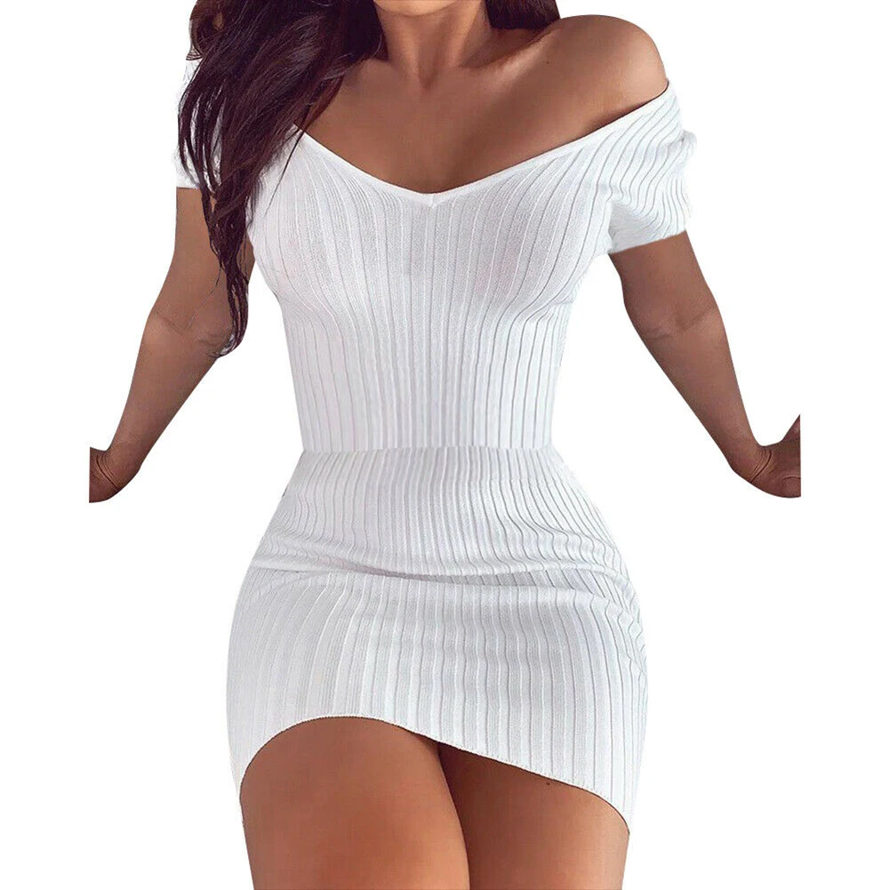 

Women Casual Bodycon Short Sleeve Evening Party Cocktail Mini Dress Off Shoulder Deep V THJ99