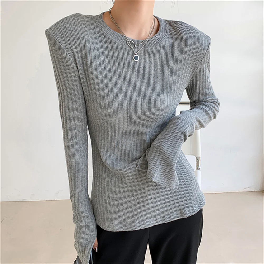 

HziriP S-XL плечевые накладки стильные женские футболки весенние эластичные повседневные шикарные 2022 однотонные с длинными рукавами универсал...