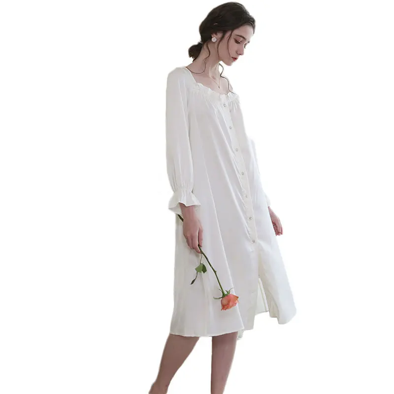 

Women Pajamas Long Sleeve Nightdress Spring Comfortable Long Loose Solid Color Silk Retro Palace Princess Home Clothes Sleepwear