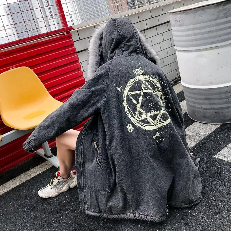 Женская одежда из хлопка большой размер свободный меховой воротник джинсовая