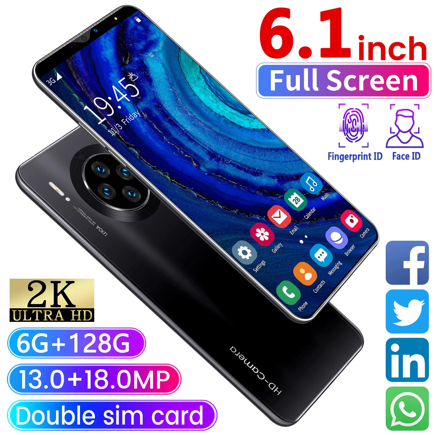 

Global firmware optional Mate 33Pro Max 4G LTE unlocked phone Android 6.1 inches, smart fingerprint phone
